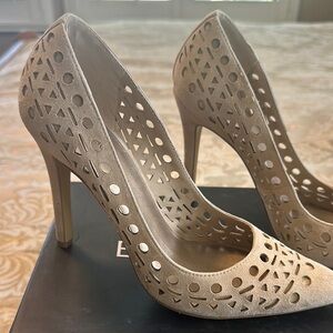 BCBGeneration Tan Heels with High Stiletto and Intricate Cut-Outs